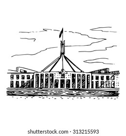 Parliament House In The Canberra, ACT, Australia. Vector Freehand Pencil Sketch.