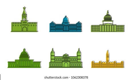 Parliament icon set. Color outline set of parliament vector icons for web design isolated on white background