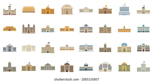 Parliament icons set. Flat set of parliament vector icons isolated on white background