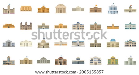 Parliament icons set. Flat set of parliament vector icons isolated on white background