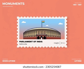 Parliament of India Monument Postage stamp ticket design with information-vector illustration design