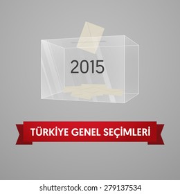Parliamentary elections in Turkey 2015. English: Turkey General Elections. Transparent clear ballot box and vote. Voting box with envelope. Gradient Background Vector.