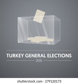 Parliamentary elections in Turkey 2015. Transparent clear ballot box and vote. Voting box with envelope. Gradient Background Vector.