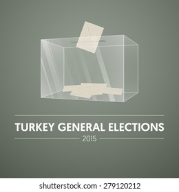 Parliamentary elections in Turkey 2015. Transparent clear ballot box and vote. Voting box with envelope. Gradient Background Vector.