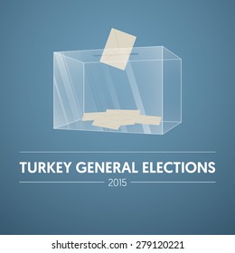 Parliamentary elections in Turkey 2015. Transparent clear ballot box and vote. Voting box with envelope. Gradient Background Vector.