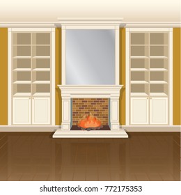 Parlor or library classic interior with fireplace and book cases. Vector illustration.