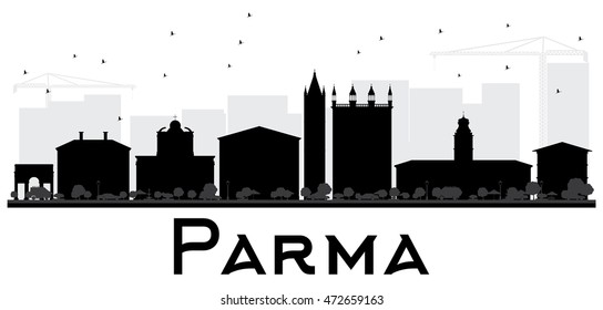 Parma City skyline black and white silhouette. Vector illustration. Simple flat concept for tourism presentation, banner, placard or web site. Business travel concept. Cityscape with landmarks