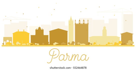 Parma City skyline golden silhouette. Vector illustration. Simple flat concept for tourism presentation, banner, placard or web site. Cityscape with landmarks