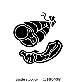 Parma ham black glyph icon. Roasted pork on bone. Smoked turkey. Sliced steak for picnic. National meat dish. Italian prosciutto. Silhouette symbol on white space. Vector isolated illustration