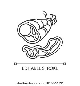 Parma ham pixel perfect linear icon. Roasted pork on bone. Smoked turkey. Sliced steak for picnic. Thin line customizable illustration. Contour symbol. Vector isolated outline drawing. Editable stroke