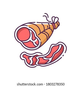 Parma ham RGB color icon. Roasted pork on bone. Smoked turkey. Sliced steak for picnic. National meat dish. Italian prosciutto. Lamb for lunch. Ingredient for diner. Isolated vector illustration