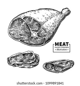 Parma ham vector drawing. Hand drawn hamon meat illustration. Italian prosciutto or jamon vintage sketch. Engraved food object. Butcher shop product. Great for label, restaurant menu. 