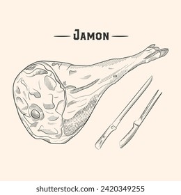 Dibujo vectorial de jamón de Parma. Ilustración de la carne de hámon dibujada a mano. Esbozo italiano del jamón o del jamón. Objeto alimenticio grabado. Producto de la tienda de carnicería. Excelente para la etiqueta, menú de restaurante