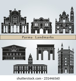 Parma landmarks and monuments isolated on blue background in editable vector file