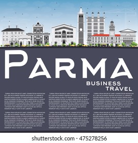 Parma Skyline with Gray Buildings, Blue Sky and Copy Space. Vector Illustration. Business Travel and Tourism Concept with Historic Buildings. Image for Presentation Banner Placard and Web Site.