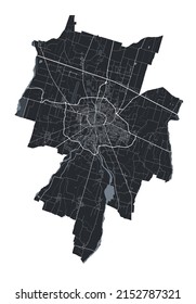 Parma vector map. Detailed vector map of Parma city administrative area. Cityscape poster metropolitan aria view. Black land with white streets, roads and avenues. White background.