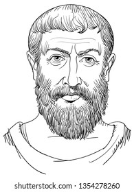 Parmenides of Elea (5th century BC) portrait in line art. He was a pre-Socratic Greek philosopher who held that the universe is single and unchanging and denied the existence of change and motion