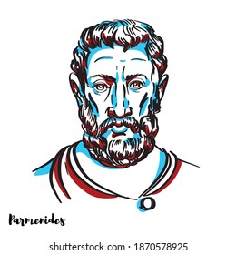 Parmenides engraved vector portrait with ink contours on white background. Pre-Socratic Greek philosopher from Elea in Magna Graecia. 