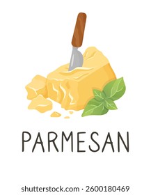 Parmesan cheese with basil and knife. Organic farm food. Design element, cartoon flat illustration for logo, poster, menu. Isolated on white background.