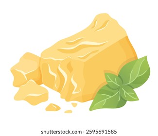 Parmesan cheese with basil . Organic farm food. Design element, cartoon flat illustration for logo, poster, menu. Isolated on white background. Vector illustration