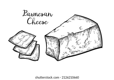 Parmesan cheese block and slices. Ink sketch isolated on white background. Hand drawn vector illustration. Vintage style stroke drawing.