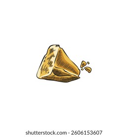 Parmesan cheese grated pieces vector sketch. Milk food production. Hand drawn color illustration of healthy snack, recipe ingredient. Yellow cheese brick parts. Menu decoration isolated