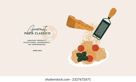 Parmesan cheese with grater and a plate of pasta with meatballs. Italian food horizontal background. Vector illustration