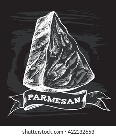 Parmesan cheese. Hand drawn Vector illustration in vintage style. Poster on the blackboard.