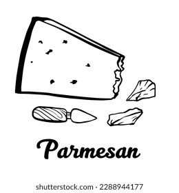 Parmesan Cheese isolated on white background. Hand drawn cheese outline vector illustration. Sketch, doodle,  icon for package, menu design.