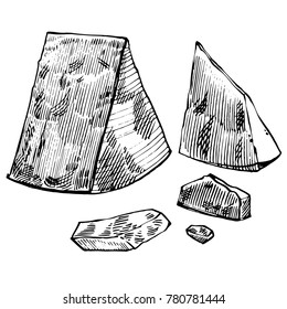 Parmesan cheese on white background. Vector hand drawn illustration of cheese set . Isolated on white. Line art.
