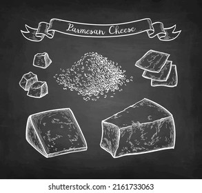 Parmesan cheese set. Chalk sketch on blackboard background. Hand drawn vector illustration. Vintage style stroke drawing.