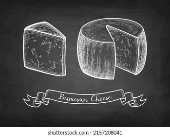 Parmesan cheese wheel and block. Chalk sketch on blackboard background. Hand drawn vector illustration. Vintage style stroke drawing.