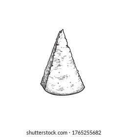 Parmesan (Parmegiano) cheese. Top view. Hand drawn sketch style drawing of traditional Italian hard cheese.  Vector illustration isolated on white.