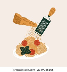 Parmesan und Nudeln mit Fleischbällen und Basilikum. Texturierte Illustration. Italienisches Essen. Vektorgrafik