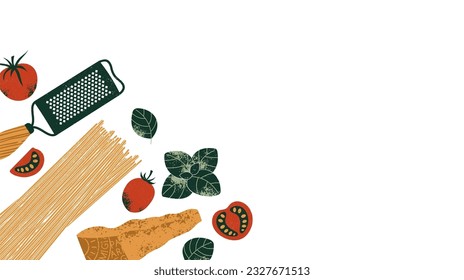 Parmesan and pasta with tomatoes and basil. Textured illustration. Italian food horizontal background. Vector illustration