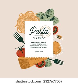 Parmesan and pasta with tomatoes and basil. Textured illustration. Italian food design template. Vector illustration