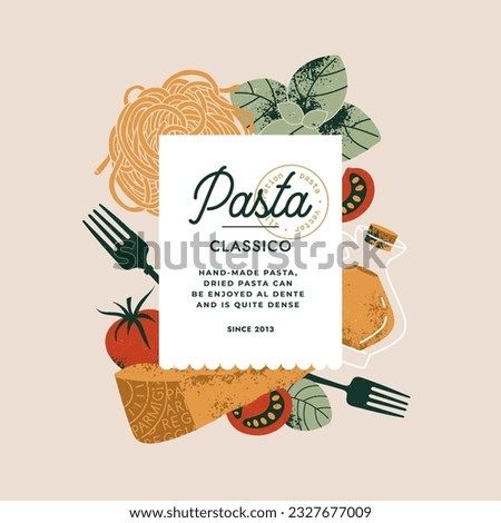 Parmesan and pasta with tomatoes and basil. Textured illustration. Italian food design template. Vector illustration