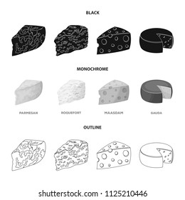 Parmesan, roquefort, maasdam, gauda. Different types of cheese set collection icons in black, monochrome, outline style vector symbol stock illustration web.