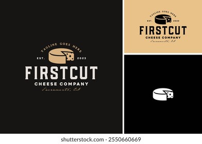 A parmesan truckle cheese wheel with a slice cut out silhouette for Traditional Cheesemonger Shop Store Vintage Classic label logo design