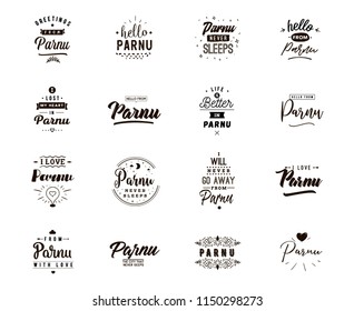 Parnu. Greeting cards, vector design. Isolated logos. Typography set.