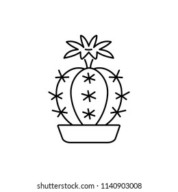 Parodia yellow tower cactus. Line vector icon. Blooming desert potted plant sign. Lemon ball cactus. Thorny exotic houseplant. Isolated object