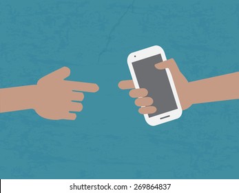 Parody of creation of Adam. Hand holding cellphone