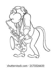 A parody of an elderly jazz saxophonist. Monkey saxophonist. Cartoon elderly monkey performs jazz on the saxophone. Vector outline image isolated on white.