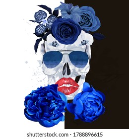  Parodiar el cráneo humano con flores, aislado sobre fondo blanco y negro. Ilustración vectorial. Impresión gótica grotesca. Rosas azules, peonías y labios rojos