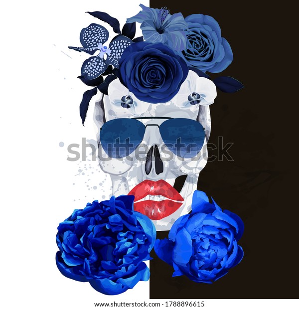  Parody human skull with\
flowers, isolated on white and black  background. Vector\
illustration. Gothic grotesque print. Blue roses, peonies and red\
lips