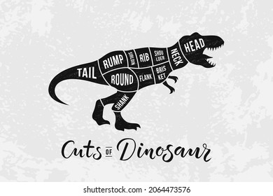 Parody of  meat cutting scheme. Cuts of dinosaur. Vector illustration. Silhouette of tyrannosaurus rex