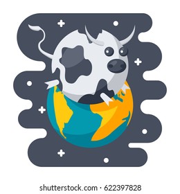 Parody science concept with spherical cow in a vacuum, scientific humor, vector illustration in flat style