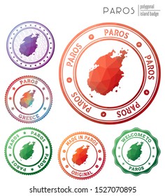 Paros badge. Colorful polygonal island symbol. Multicolored geometric Paros logos set. Vector illustration.
