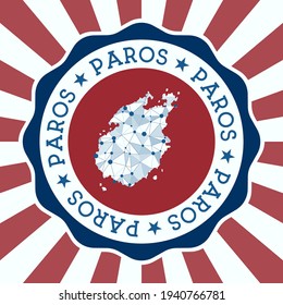 Paros Badge. Round logo of island with triangular mesh map and radial rays. EPS10 Vector.