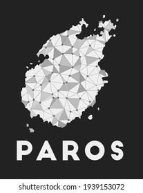 Paros - communication network map of island. Paros trendy geometric design on dark background. Technology, internet, network, telecommunication concept. Vector illustration.
